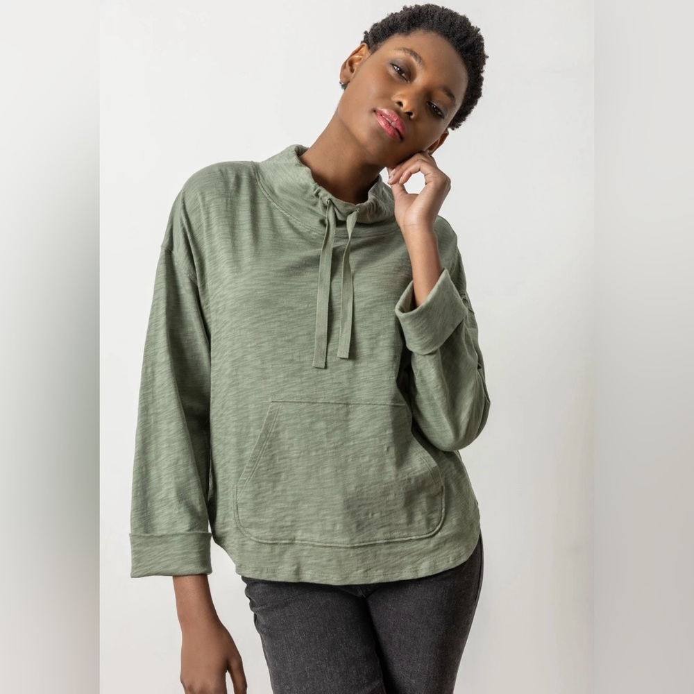 Lilla P Cowl Neck Cotton Pullover Green Size Small